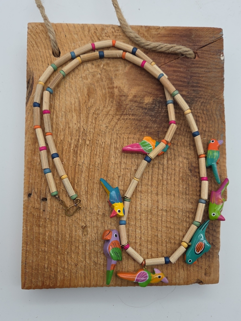 Vintage 70s Carved Wood Parrot Necklace